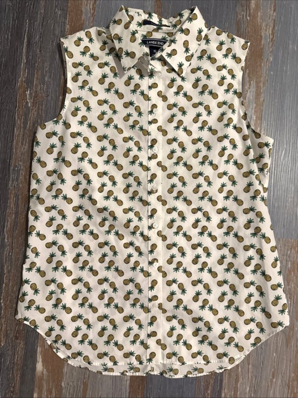 Lands' End Blouse Womens 10 White Pineapple Print Sleeveless Button Up Shirt